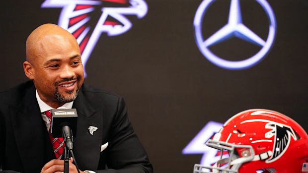 Feb 5, 2024; Atlanta, GA, USA; Atlanta Falcons general manager Terry Fontenot addresses the media as Raheem Morris is introduced as the new head coach of the Atlanta Falcons at Mercedes-Benz Stadium.